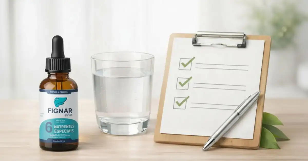 Frasco de Fignar Gotas ao lado de copo com água e prancheta com checklist, representando avaliação de efeitos colaterais e segurança do uso
