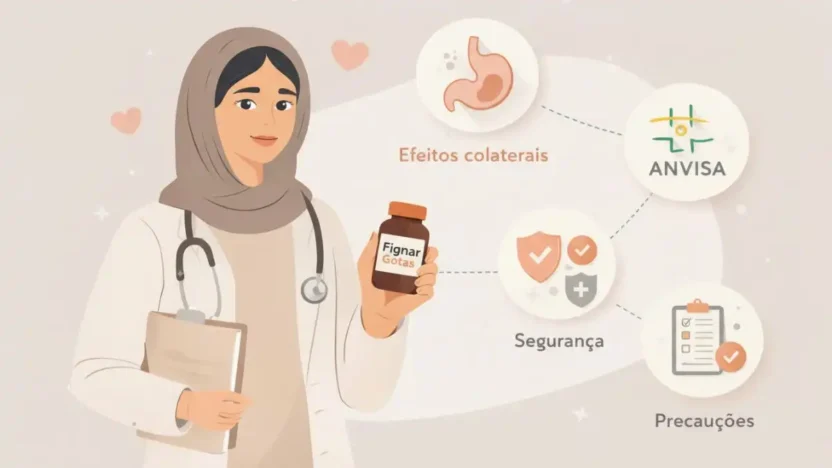 Ilustração médica mostrando Fignar Gotas e informações sobre efeitos colaterais e segurança de uso