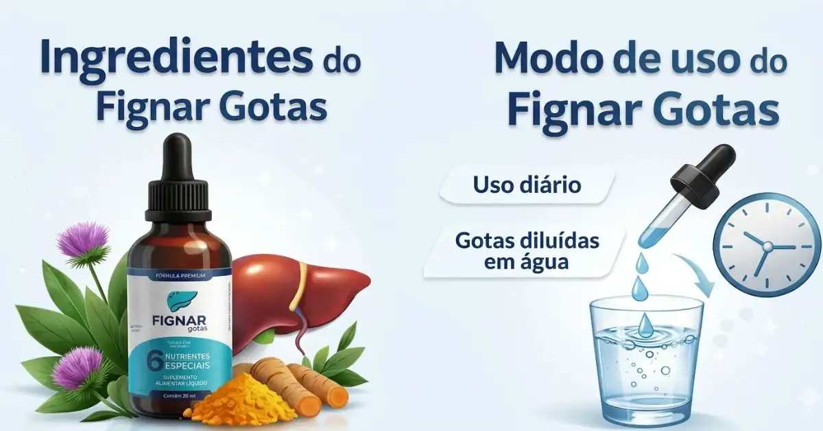Ingredientes do Fignar Gotas e modo de uso correto com gotas diluídas em água para suporte à saúde do fígado