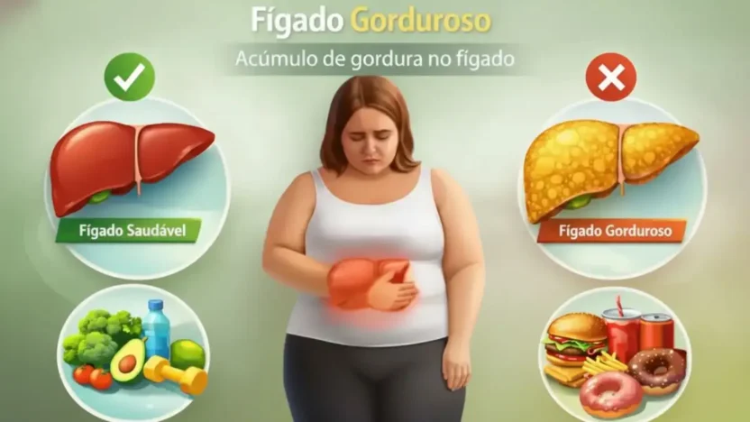 Ilustração mostrando diferença entre fígado saudável e fígado gorduroso com comparação entre alimentação saudável e fast food