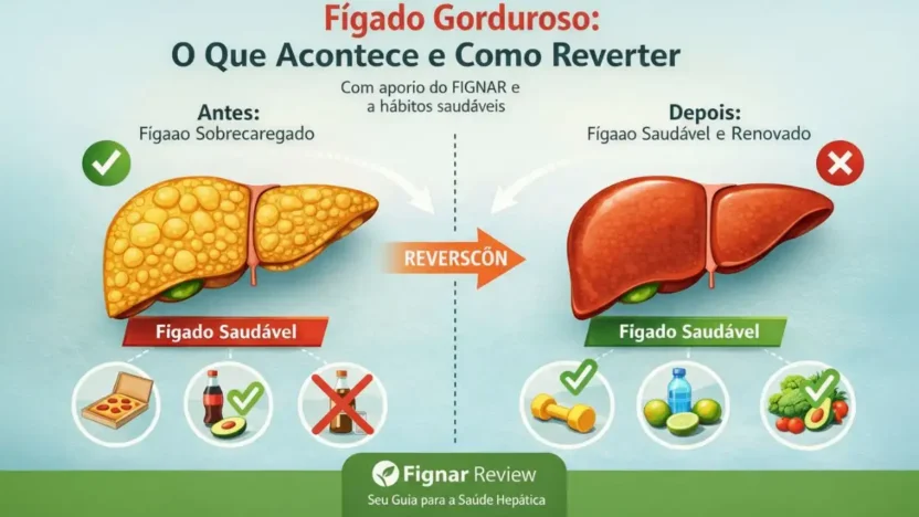 Infográfico mostrando a comparação entre fígado gorduroso e fígado saudável, destacando hábitos que ajudam na reversão da gordura no fígado