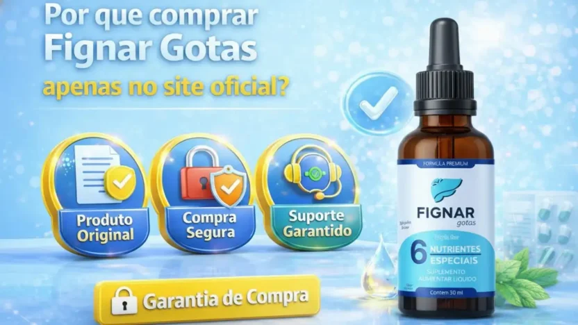 Imagem 3D do Fignar Gotas com frasco marrom e etiqueta azul destacando produto original, compra segura e garantia ao comprar no site oficial.