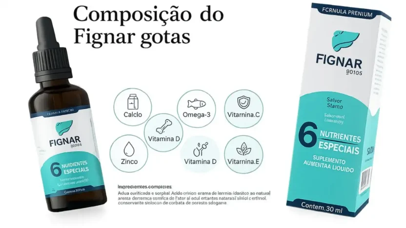 Imagem mostrando a composição do Fignar Gotas com vitaminas e nutrientes presentes na fórmula do suplemento.