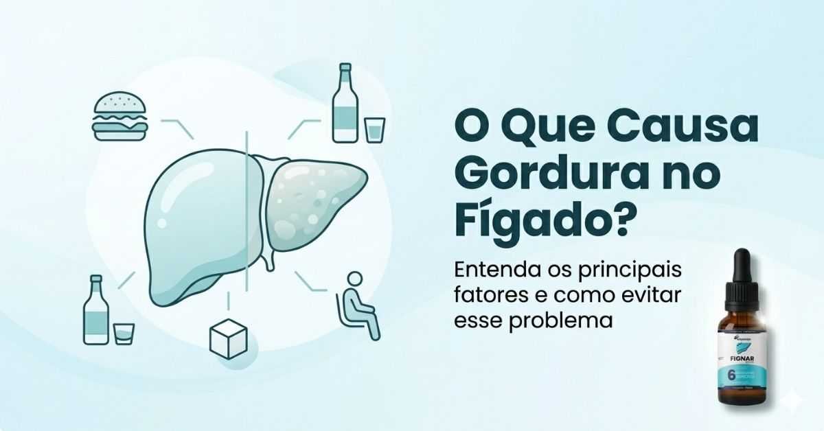 Ilustração mostrando fígado com gordura e fatores que causam gordura no fígado como alimentação ruim e sedentarismo