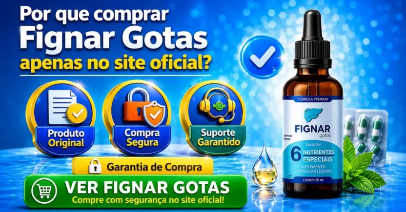Imagem 3D do Fignar Gotas com frasco marrom e etiqueta azul destacando produto original, compra segura e garantia ao comprar no site oficial.